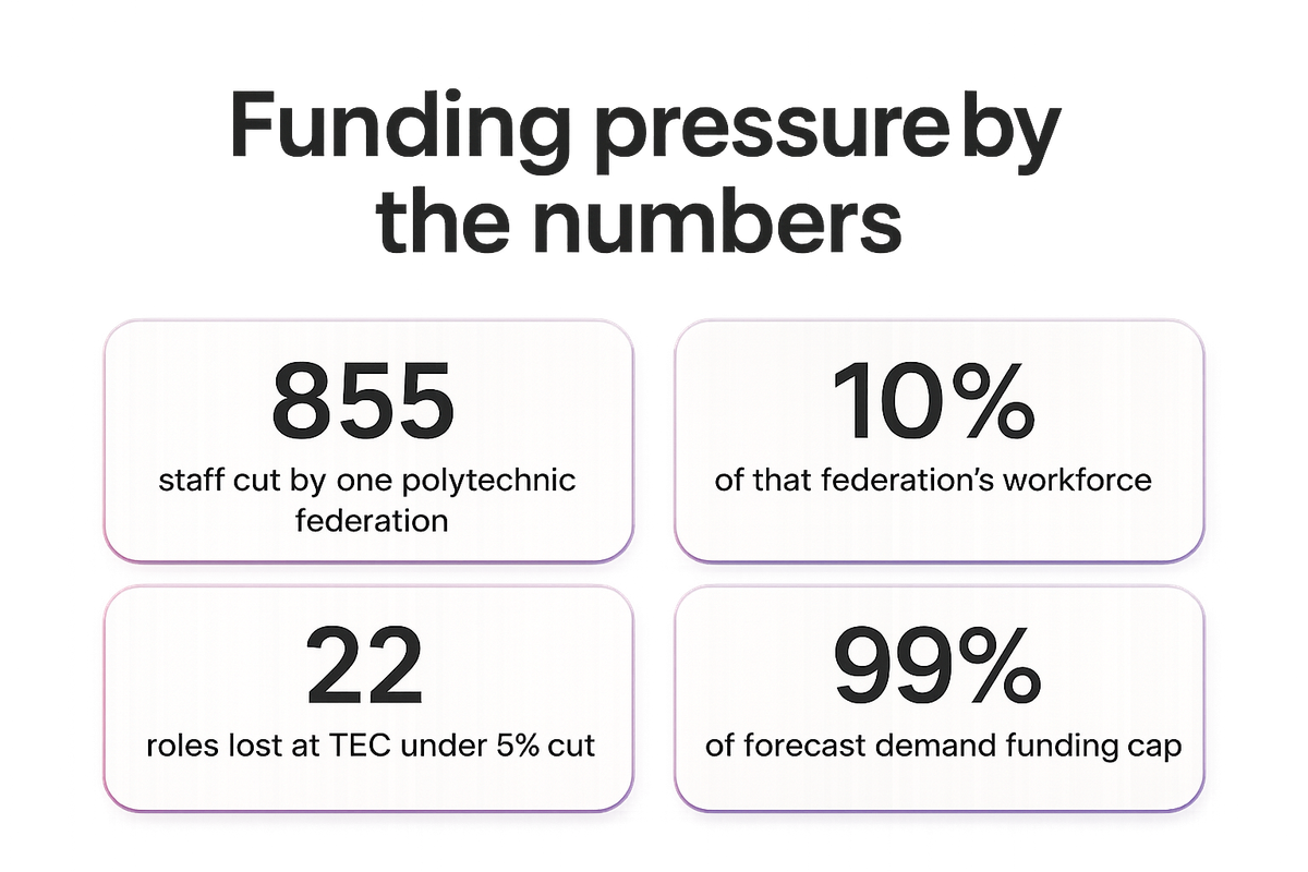 Bar-style stats showing sector funding pressure: 855 staff cut, 10% workforce, 22 TEC roles lost, 99% funding cap