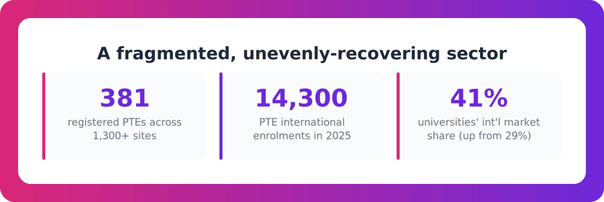 Chart showing 381 registered PTEs, 14,300 PTE international enrolments, and universities holding 41 percent international market share