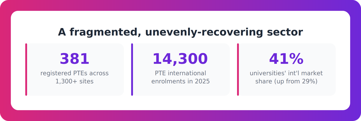 Chart showing 381 registered PTEs, 14,300 PTE international enrolments, and universities holding 41 percent international market share