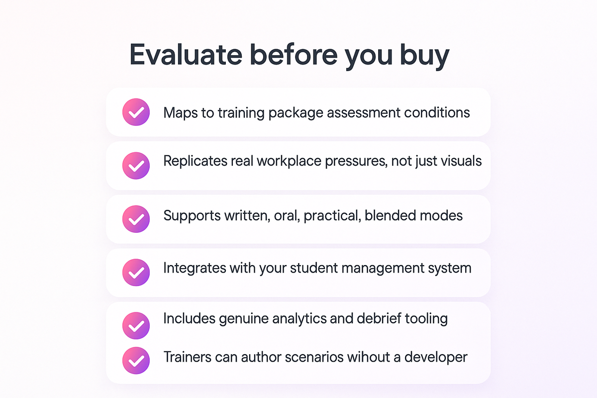 Checklist of eight criteria for evaluating simulation training software against RTO compliance and assessment needs