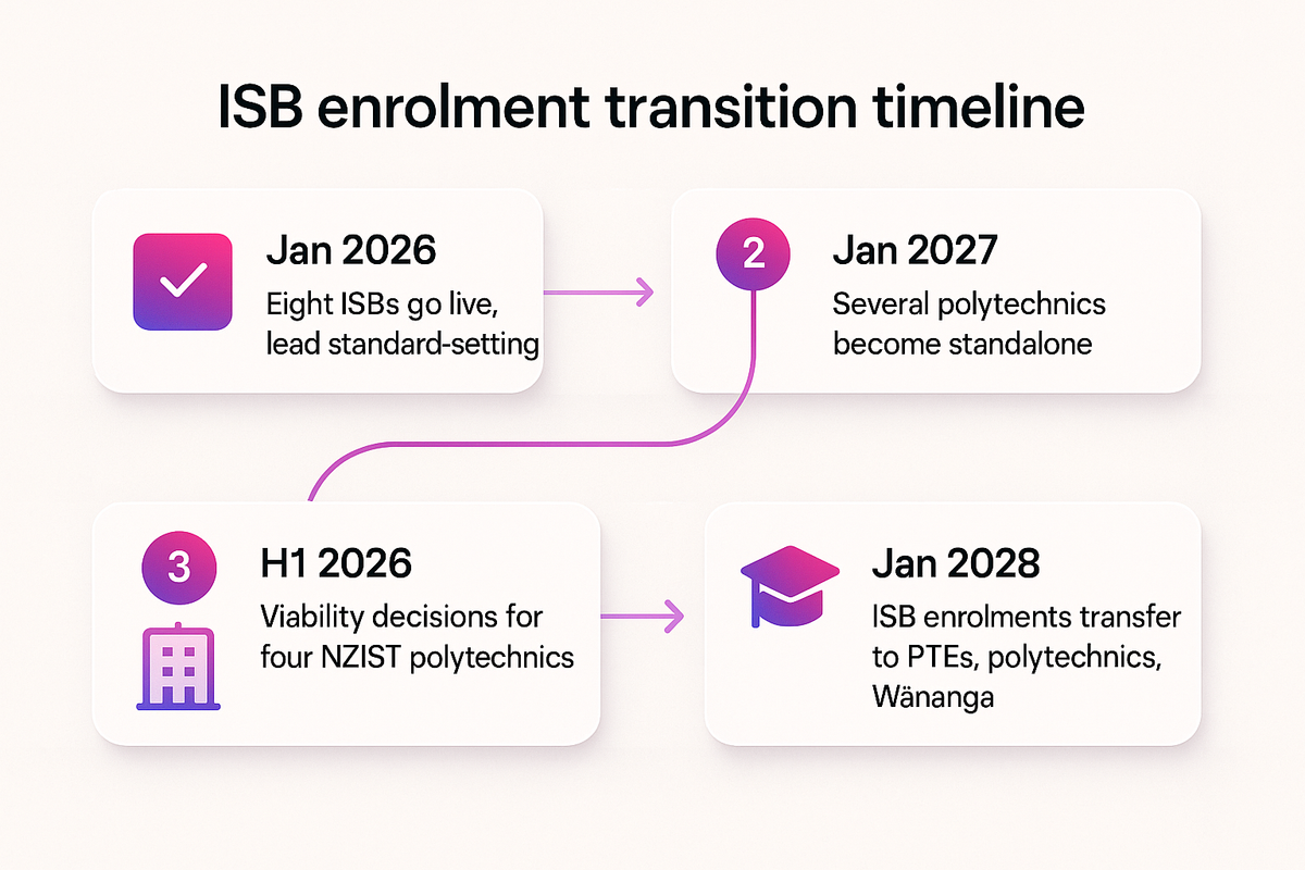 Timeline flow diagram showing the Industry Skills Board enrolment transition milestones from 2026 to the 2028 deadline