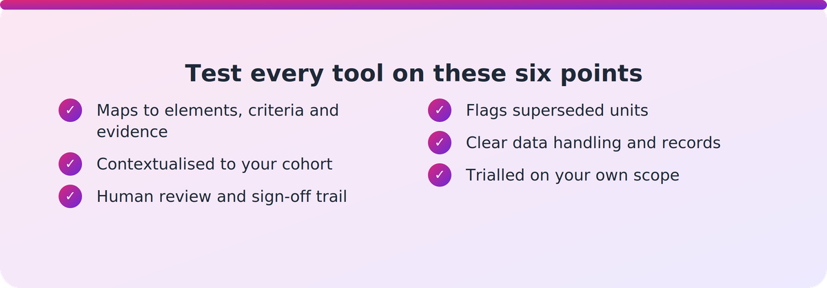 Checklist of buyer criteria for training material generation software: mapping, contextualisation, human sign-off, currency, data handling and trial evidence