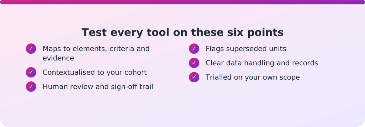 Checklist of buyer criteria for training material generation software: mapping, contextualisation, human sign-off, currency, data handling and trial evidence