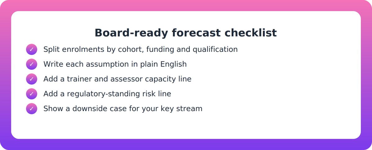 Checklist of five steps for building a board-ready RTO enrolment forecast with visible assumptions