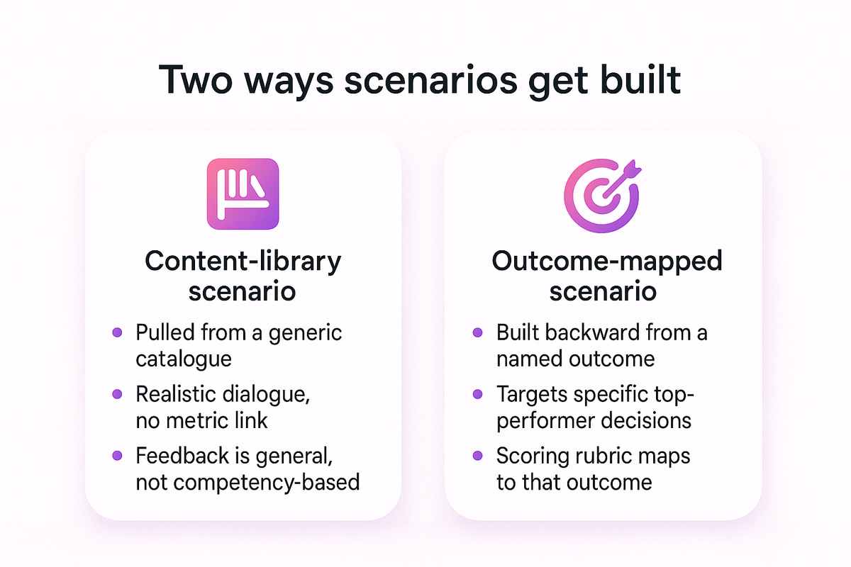 Comparison showing generic content-library scenarios against scenarios mapped backward from a named business outcome