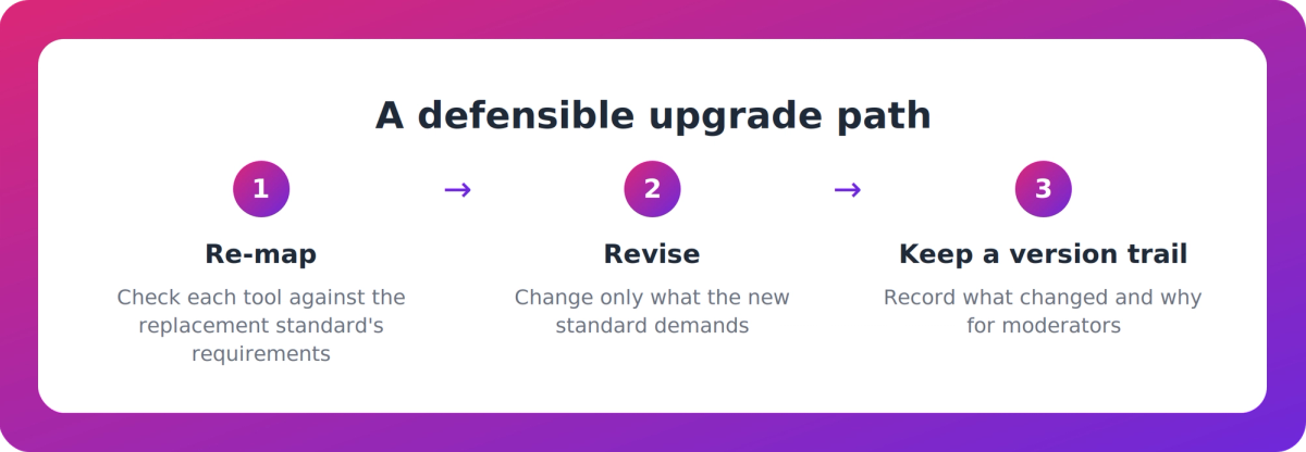 Three-step flow showing re-map, revise and keep a version trail when a unit standard converts