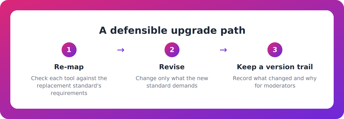 Three-step flow showing re-map, revise and keep a version trail when a unit standard converts