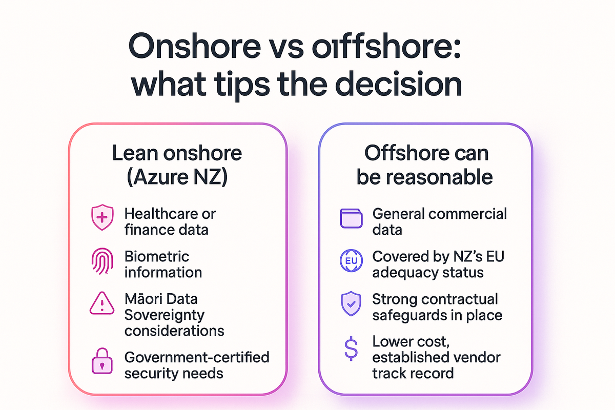 Comparison of onshore Azure New Zealand hosting versus offshore hosting considerations for business AI systems