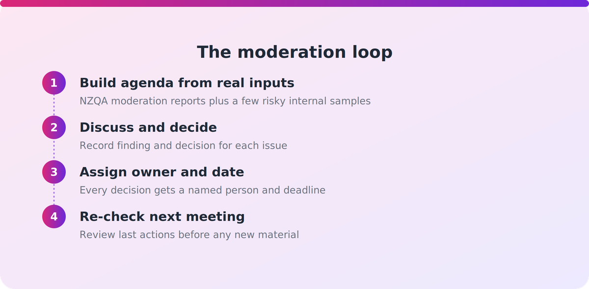 Four-step moderation meeting loop from agenda inputs through decision log and owners to re-check at the next meeting
