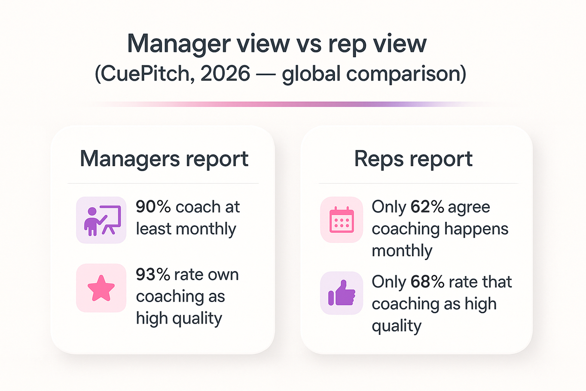 Two-column comparison of how often managers believe they coach versus how often reps say coaching actually happens, per CuePitch 2026 data.