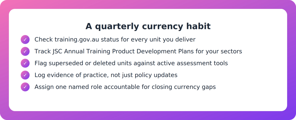 Checklist of recurring actions for RTO managers to keep training package currency under continuous governance control.