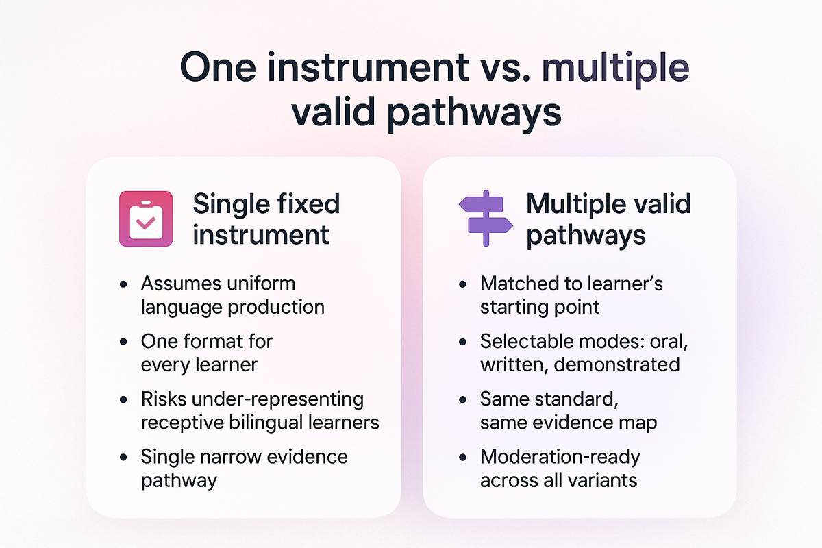Comparison of a single fixed assessment instrument against multiple valid ESOL and LLN assessment pathways mapped to one standard