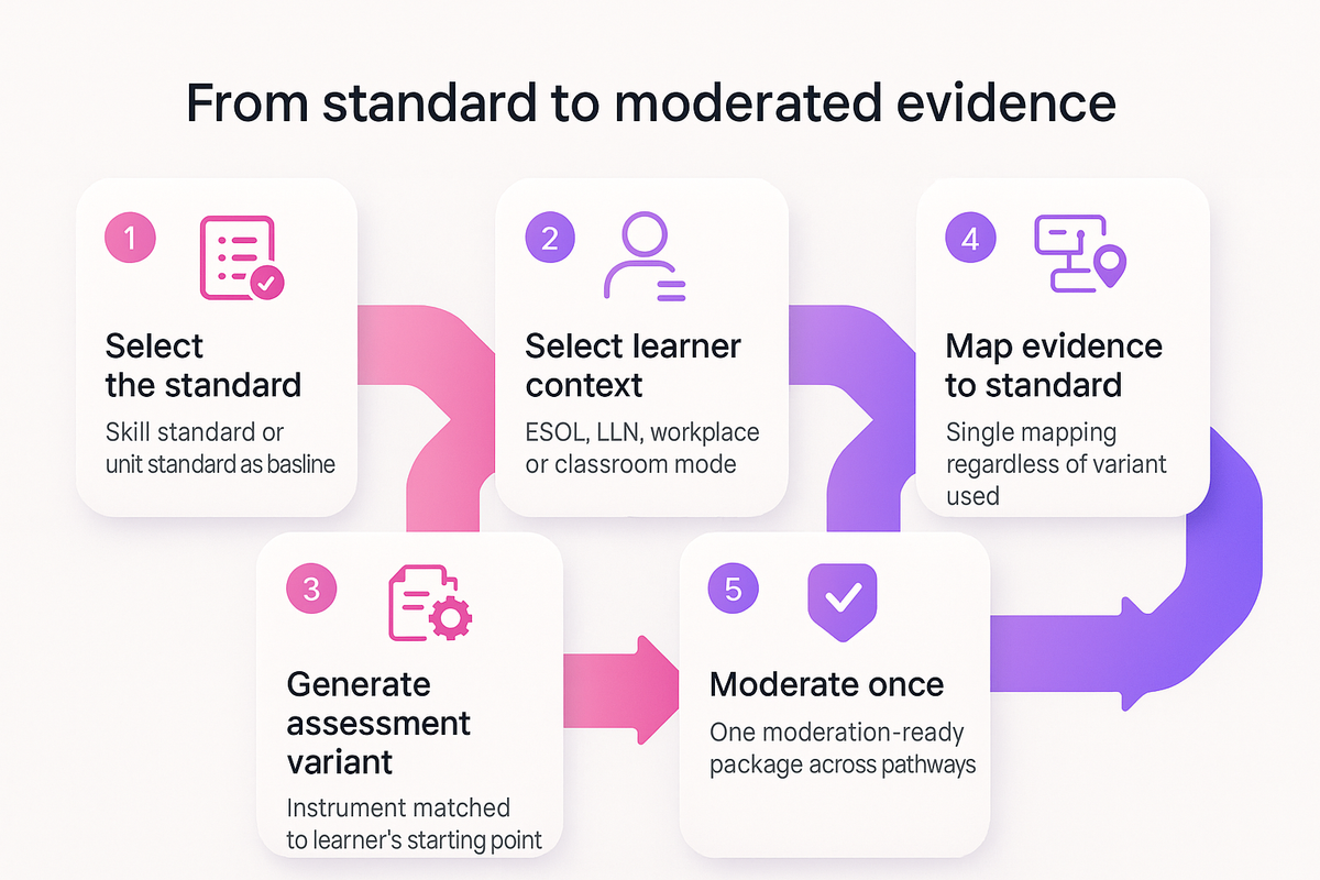 Five-step flow for generating ESOL and LLN assessment variants that map back to a single standard and moderation package