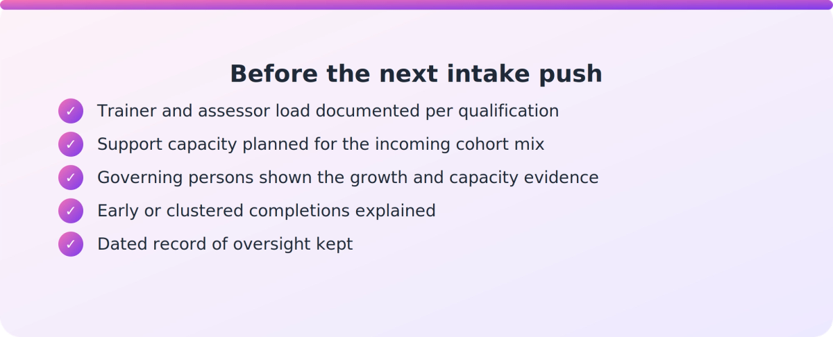 Checklist of three capacity-first checks an RTO Manager should complete before increasing student intake