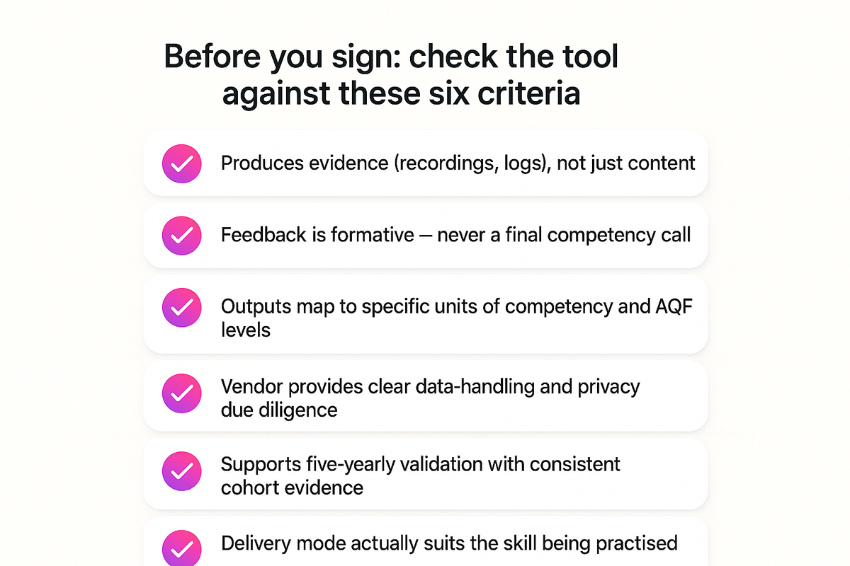 Checklist of six criteria for evaluating AI practical skills training tools against RTO compliance requirements