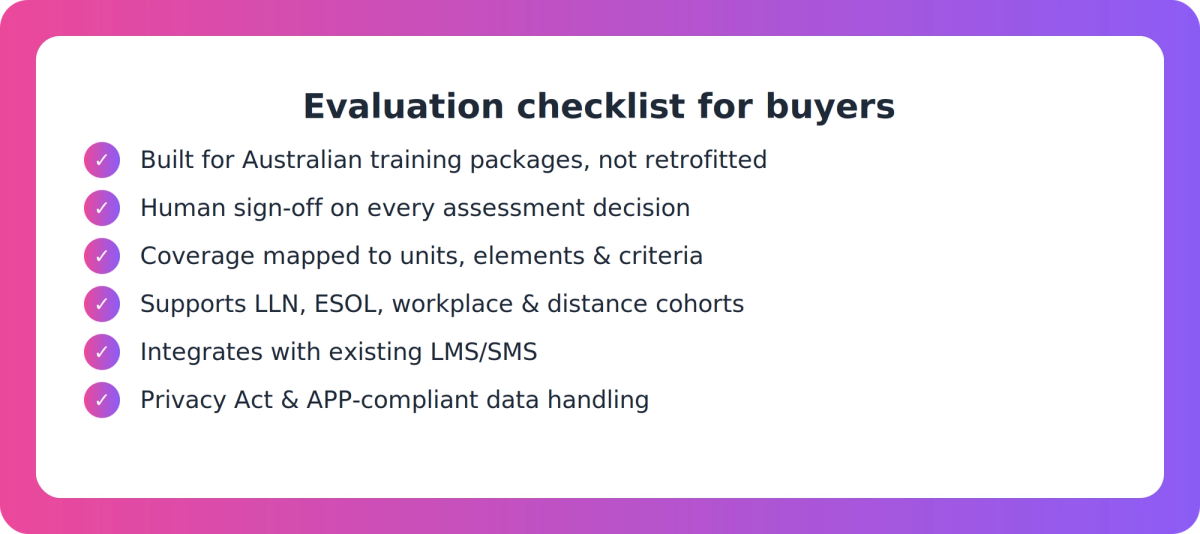 Checklist of evaluation criteria for choosing compliant AI assessment writing software for Australian RTOs