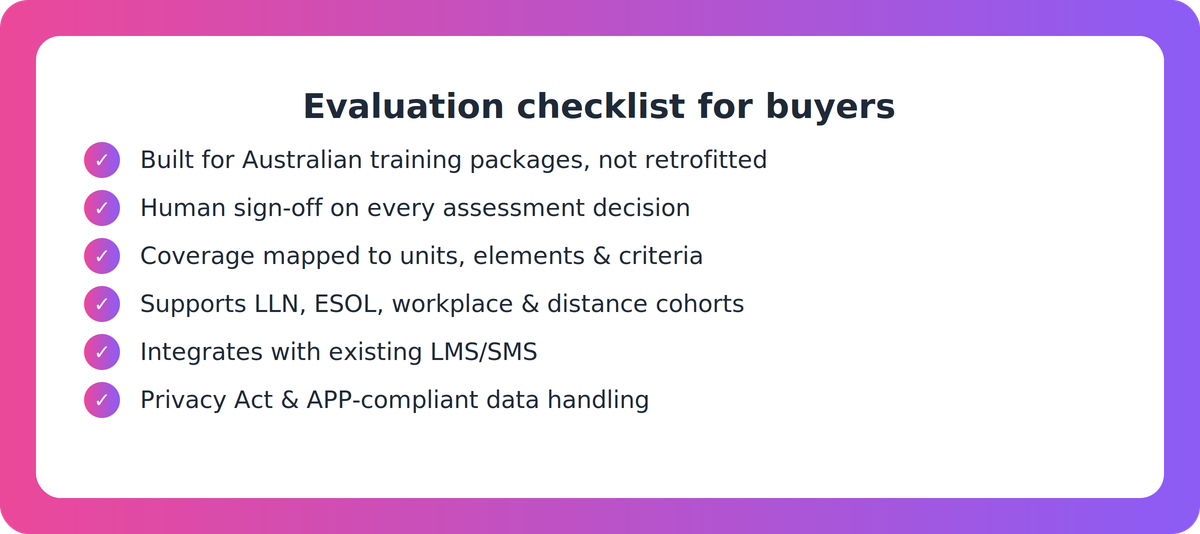 Checklist of evaluation criteria for choosing compliant AI assessment writing software for Australian RTOs