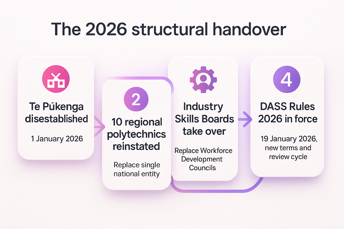 Timeline showing Te Pūkenga disestablishment, new polytechnics, Industry Skills Boards and DASS Rules 2026 taking effect