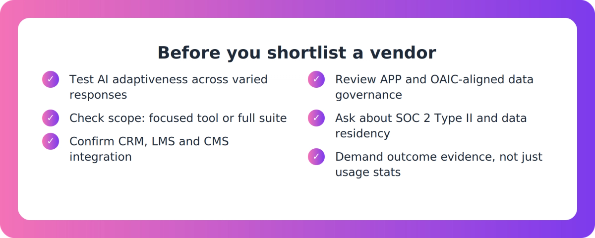 Checklist of criteria Australian buyers should weigh when evaluating AI sales role-play training software