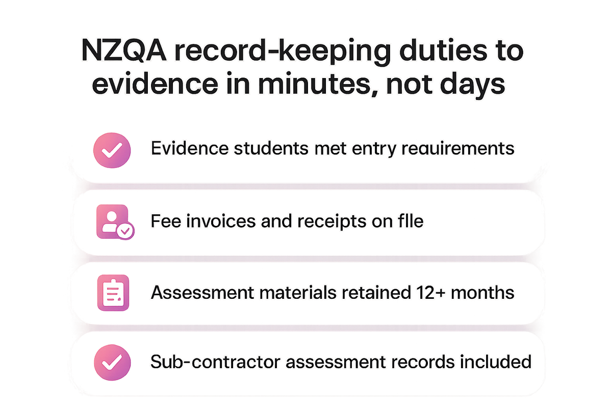 Checklist of NZQA enrolment and assessment record-keeping duties PTE operations teams must evidence