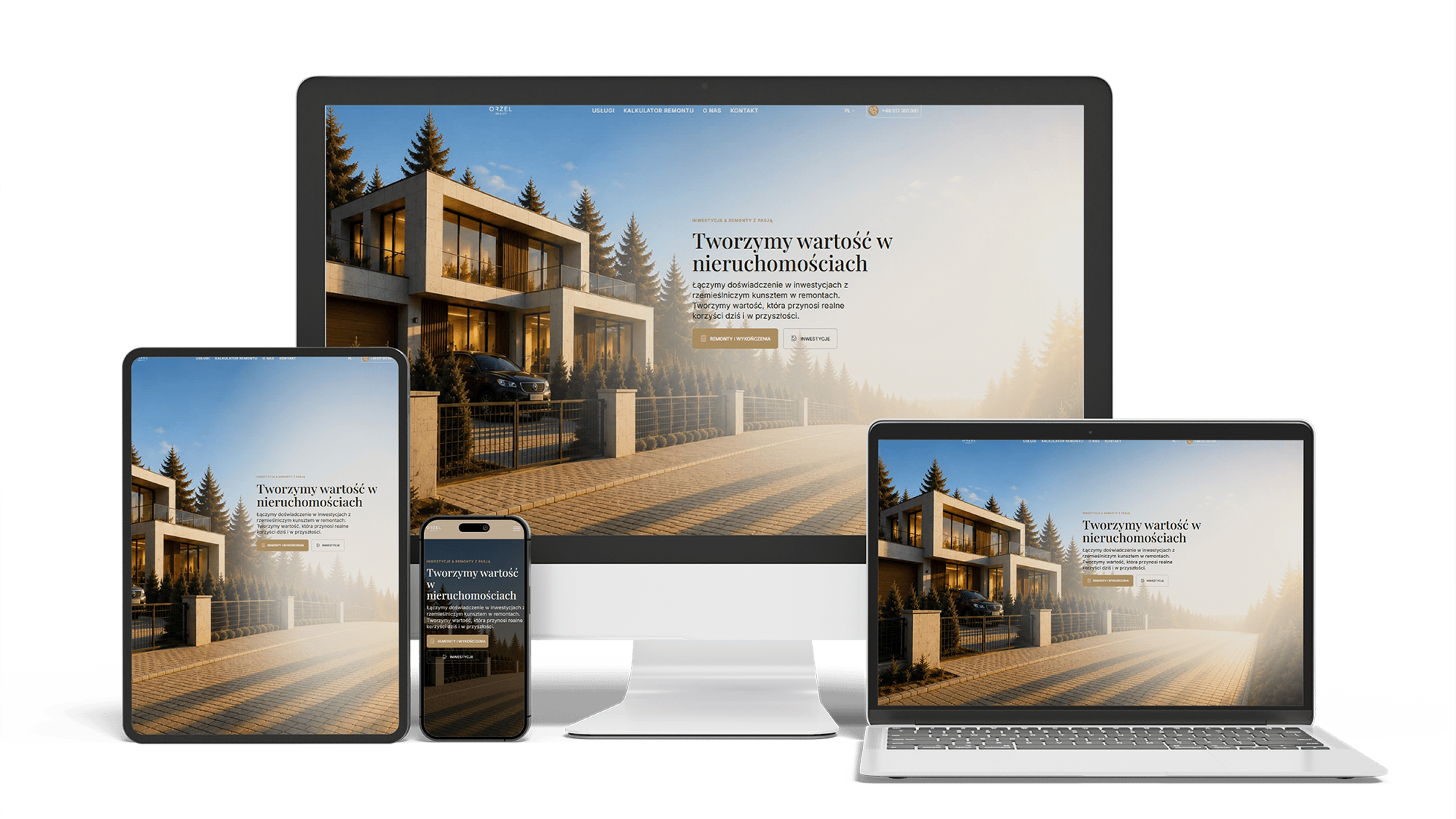 The Orzeł Realty homepage opening screen, where a full-height split offers visitors two separate entry points — renovation works or property investment — before any other content.