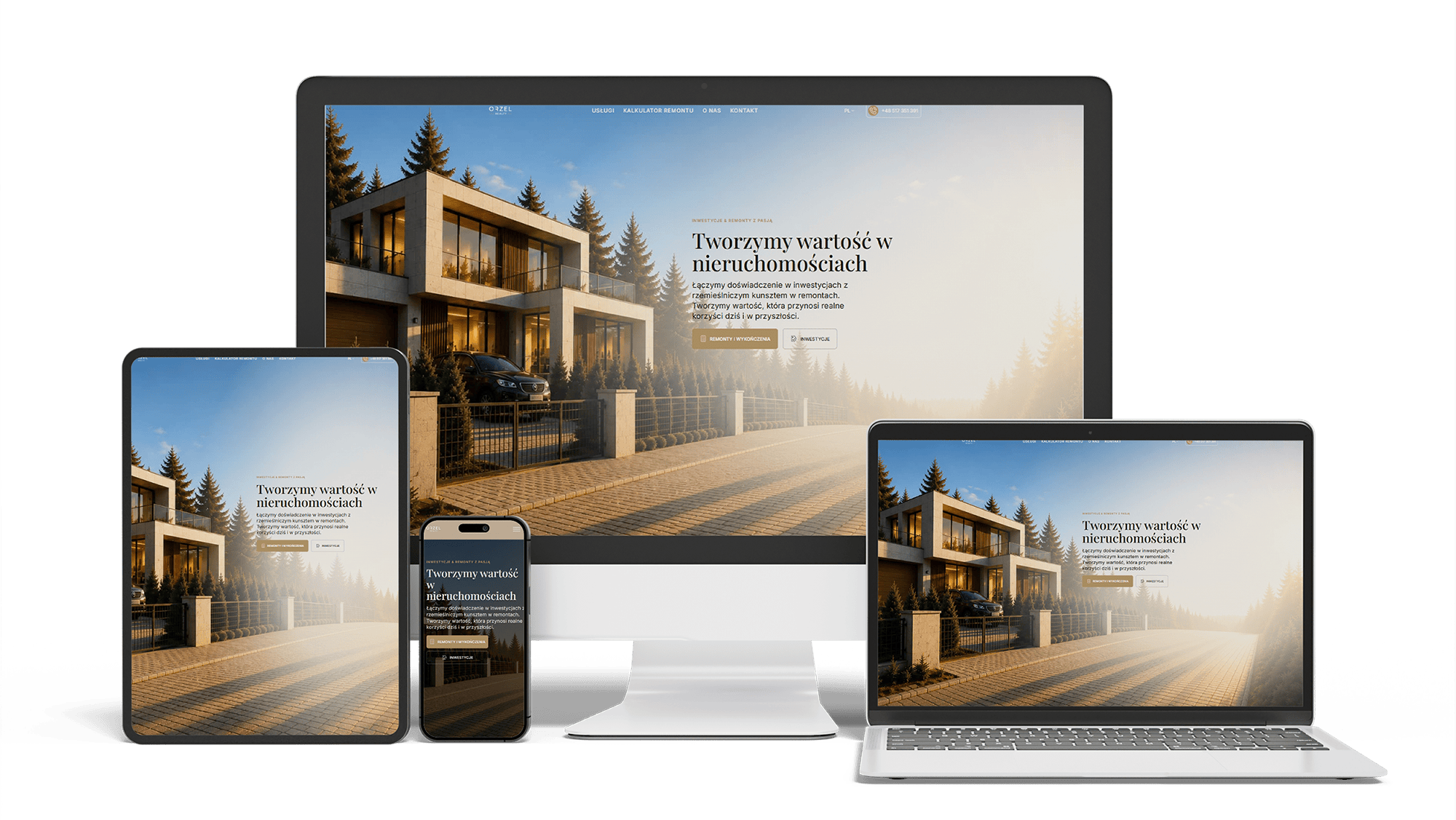 The Orzeł Realty homepage opening screen, where a full-height split offers visitors two separate entry points — renovation works or property investment — before any other content.