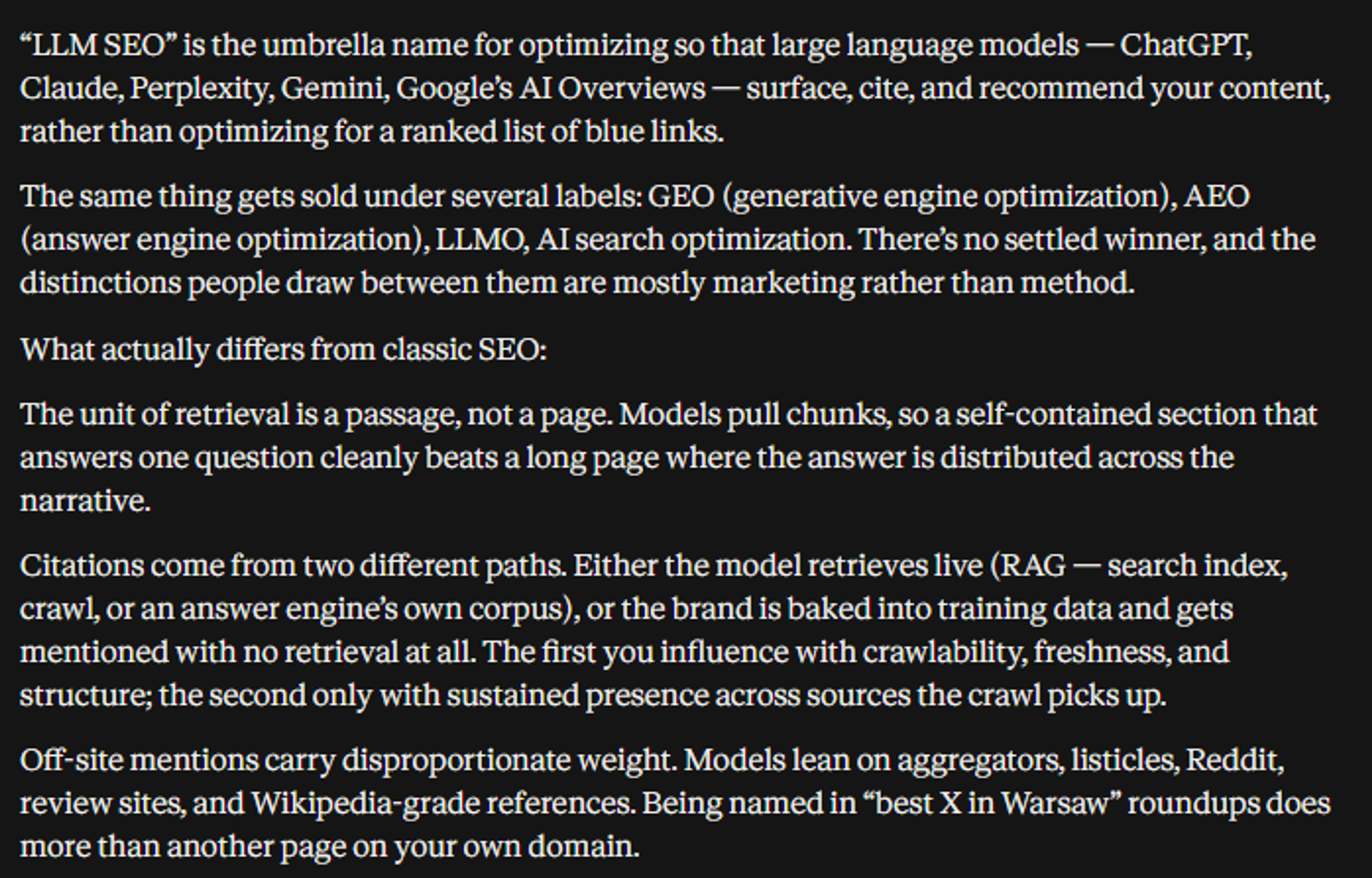 Odpowiedź Claude na «what is llm seo», 23 października 2026: definicja z wiedzy modelu, bez wyszukiwania
