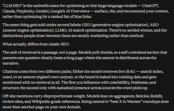 Claude's answer to «what is llm seo», 23 October 2026: a definition from the model's own knowledge, without web search