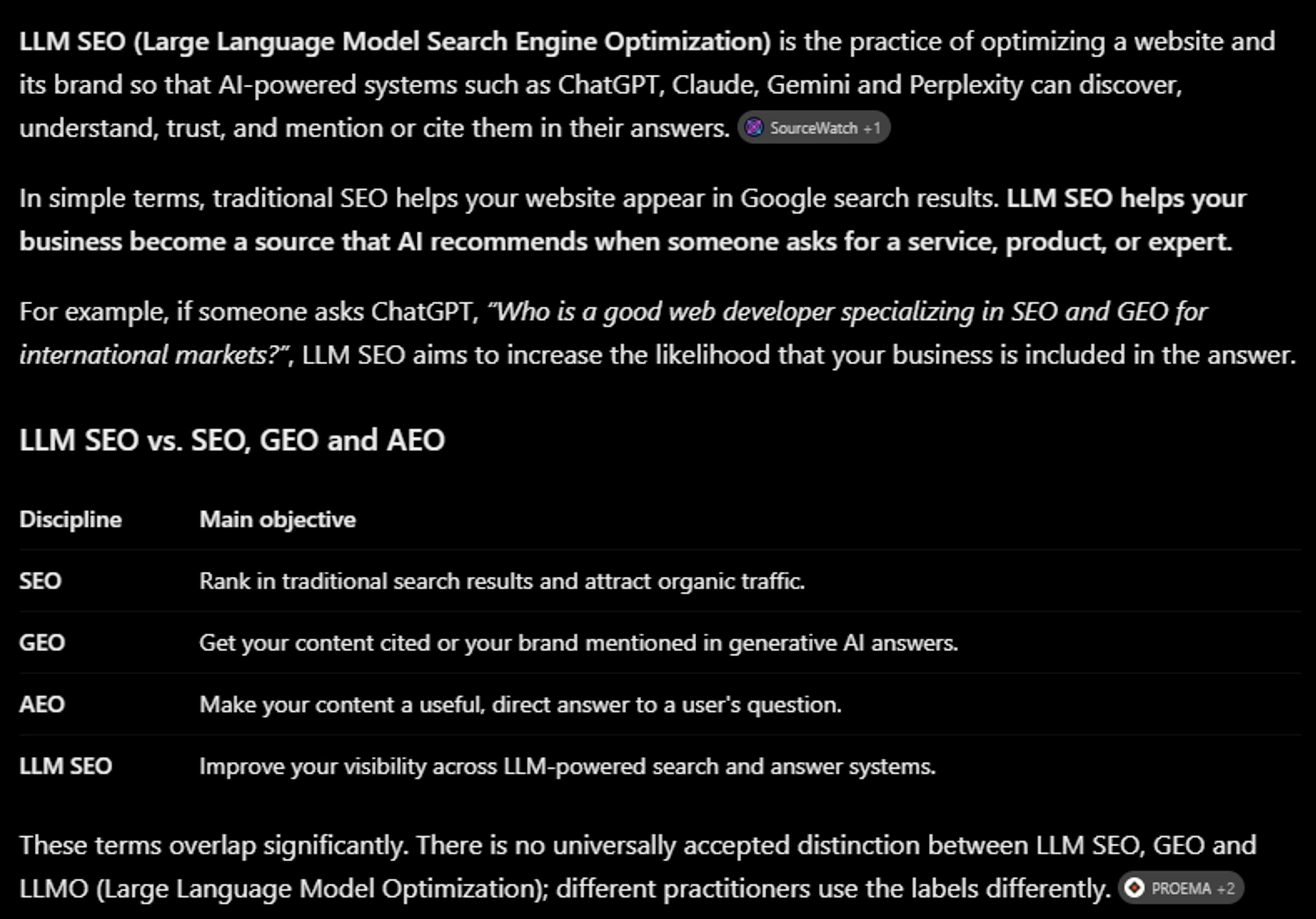 Odpowiedź ChatGPT na «what is llm seo» z wyszukiwaniem, 23 października 2026: wśród źródeł SourceWatch i PROEMA; przykładowe pytanie dopasowane do działalności właściciela konta