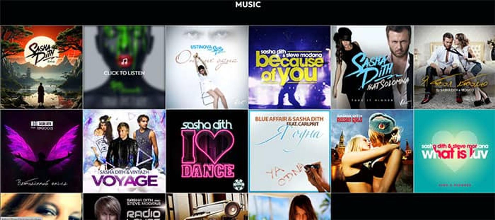 Сетка обложек синглов и альбомов с прямыми ссылками на Spotify, Apple Music и YouTube Music.