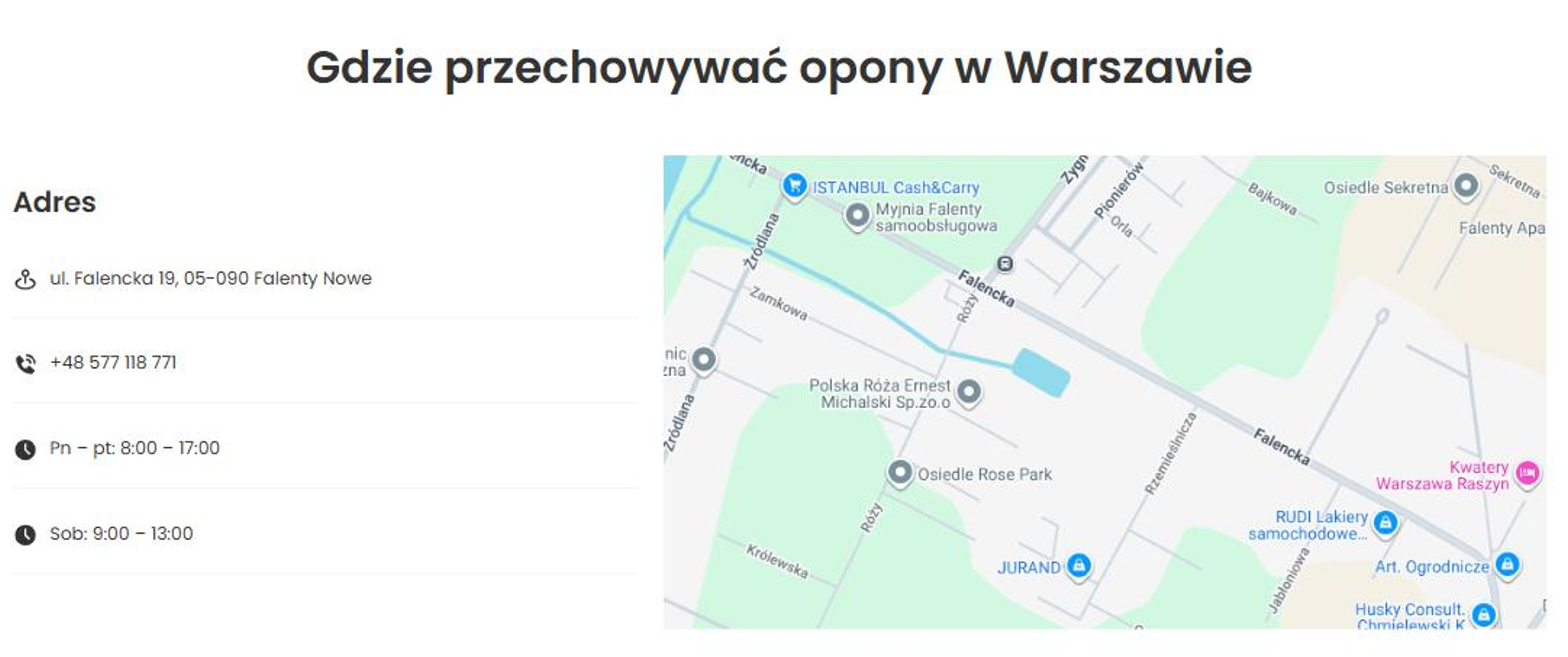 Contact section with address, phone number, opening hours and a map