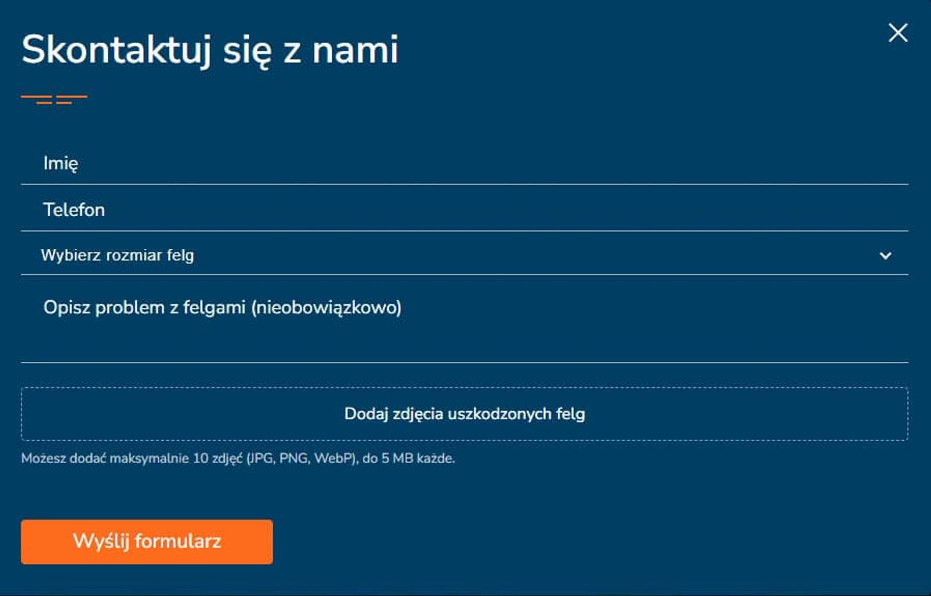 Kluczowa funkcja formularza zgłoszeniowego — klienci przesyłają zdjęcia uszkodzonych felg i od razu otrzymują szacunkową cenę oraz czas realizacji, bez konieczności dzwonienia.