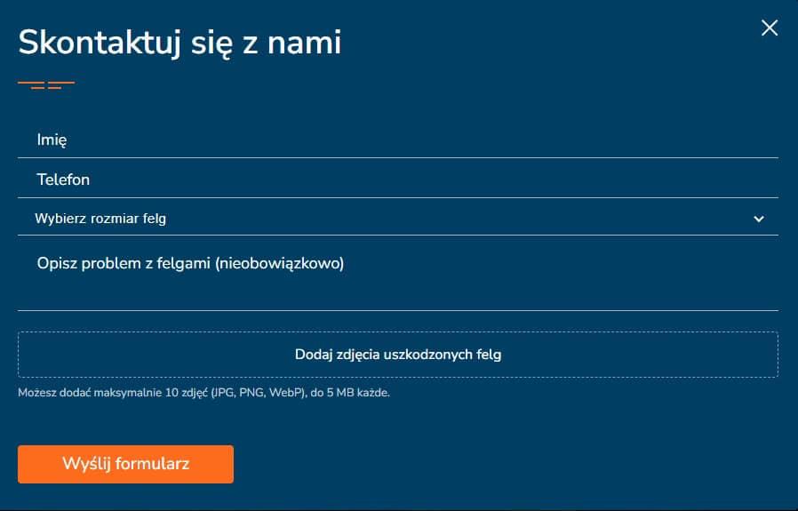 Kluczowa funkcja formularza zgłoszeniowego — klienci przesyłają zdjęcia uszkodzonych felg i od razu otrzymują szacunkową cenę oraz czas realizacji, bez konieczności dzwonienia.
