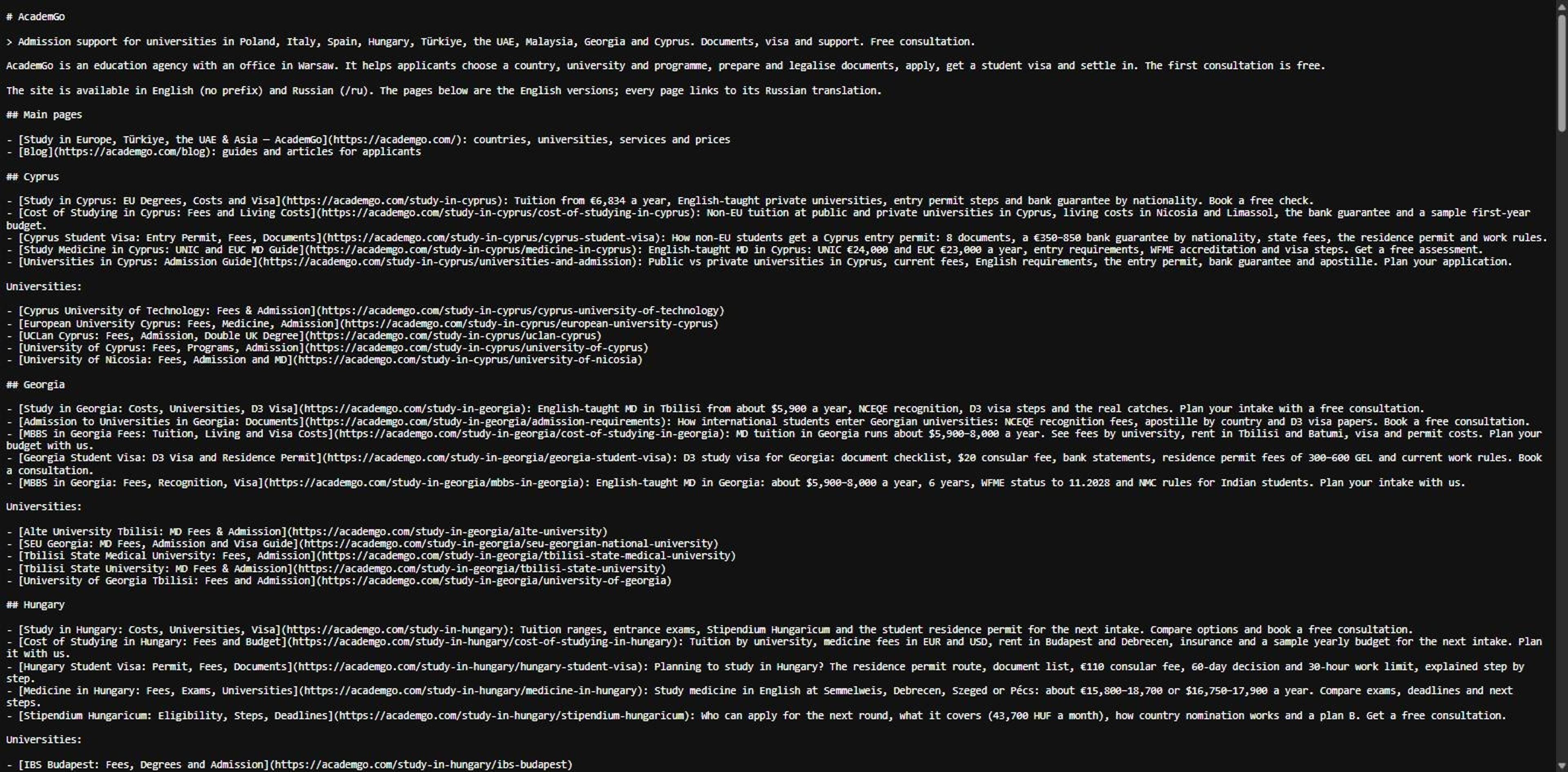 Contents of the llms.txt file listing pages per destination with a description of each