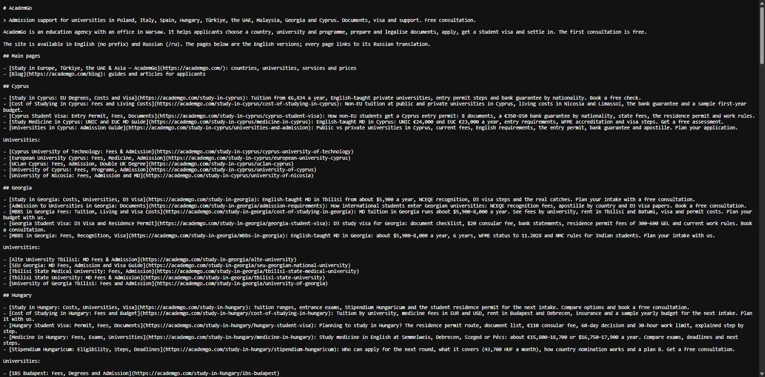 Contents of the llms.txt file listing pages per destination with a description of each