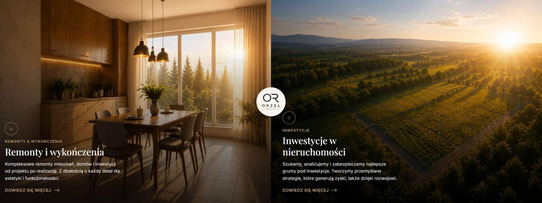 The homepage split into two full-height cards — renovation works on one side, property investment on the other — each with its own background image and promise, so visitors choose their track before seeing anything else.