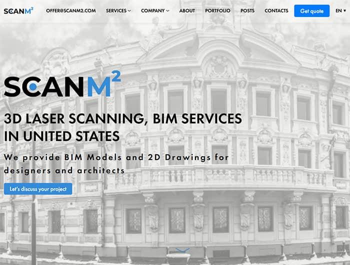 Pierwszy ekran z czytelnym hasłem: „3D Laser Scanning, BIM Services in United States”. Prosty, nowoczesny i z jasnym CTA – „Let’s discuss your project”.