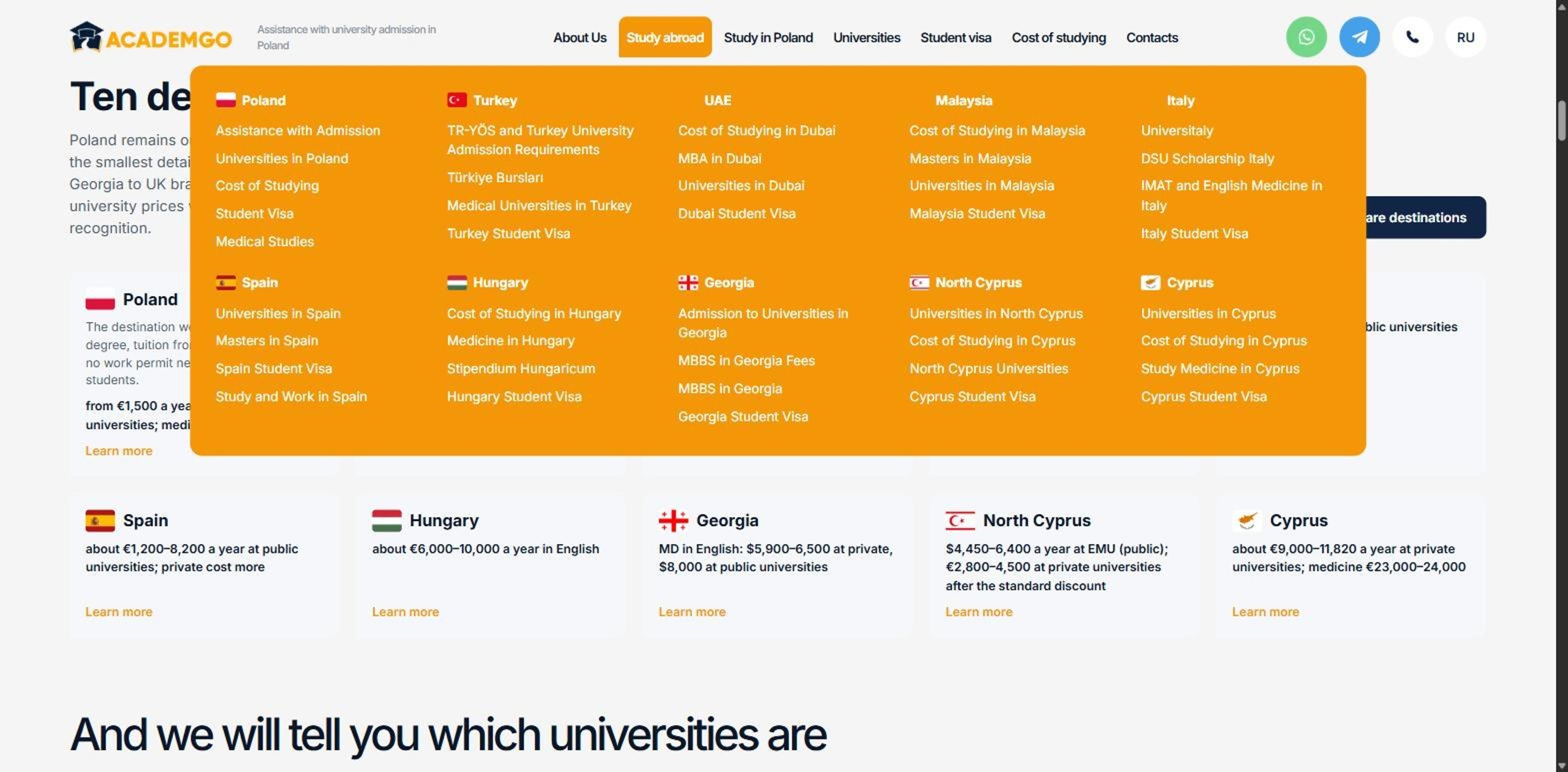 Open mega-menu listing ten destinations with their pages on visas, admission and universities