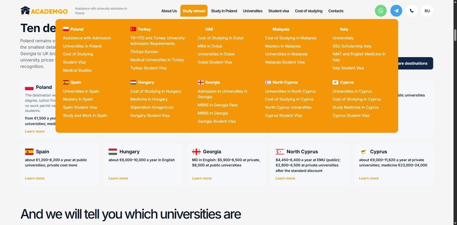 Open mega-menu listing ten destinations with their pages on visas, admission and universities