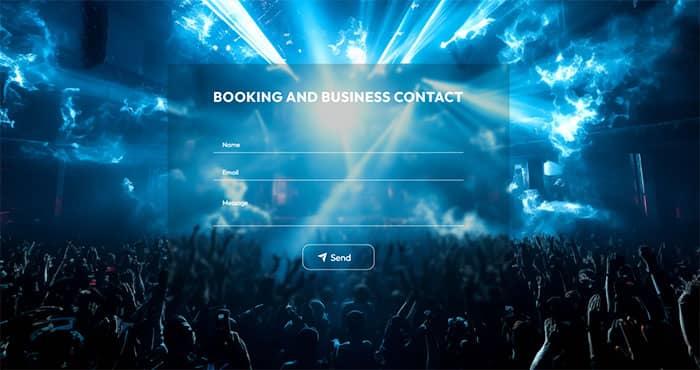 Блок «Booking and Business Contact» на фоне живого концерта. Создаёт ощущение присутствия и эмоциональной связи.
