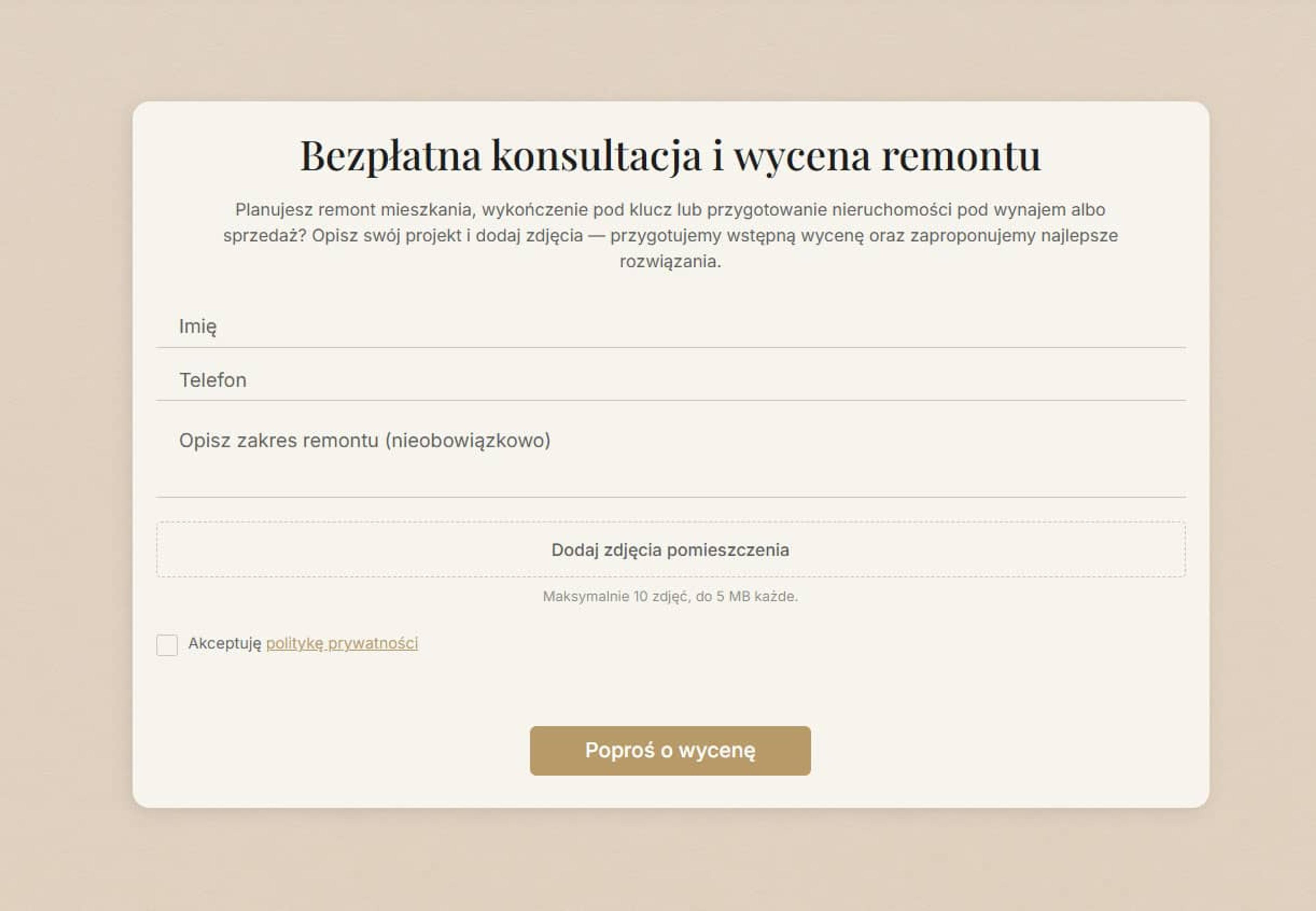 The lead form asking for name and phone as the only required fields, with an optional description and an upload area accepting up to ten photographs of the space.