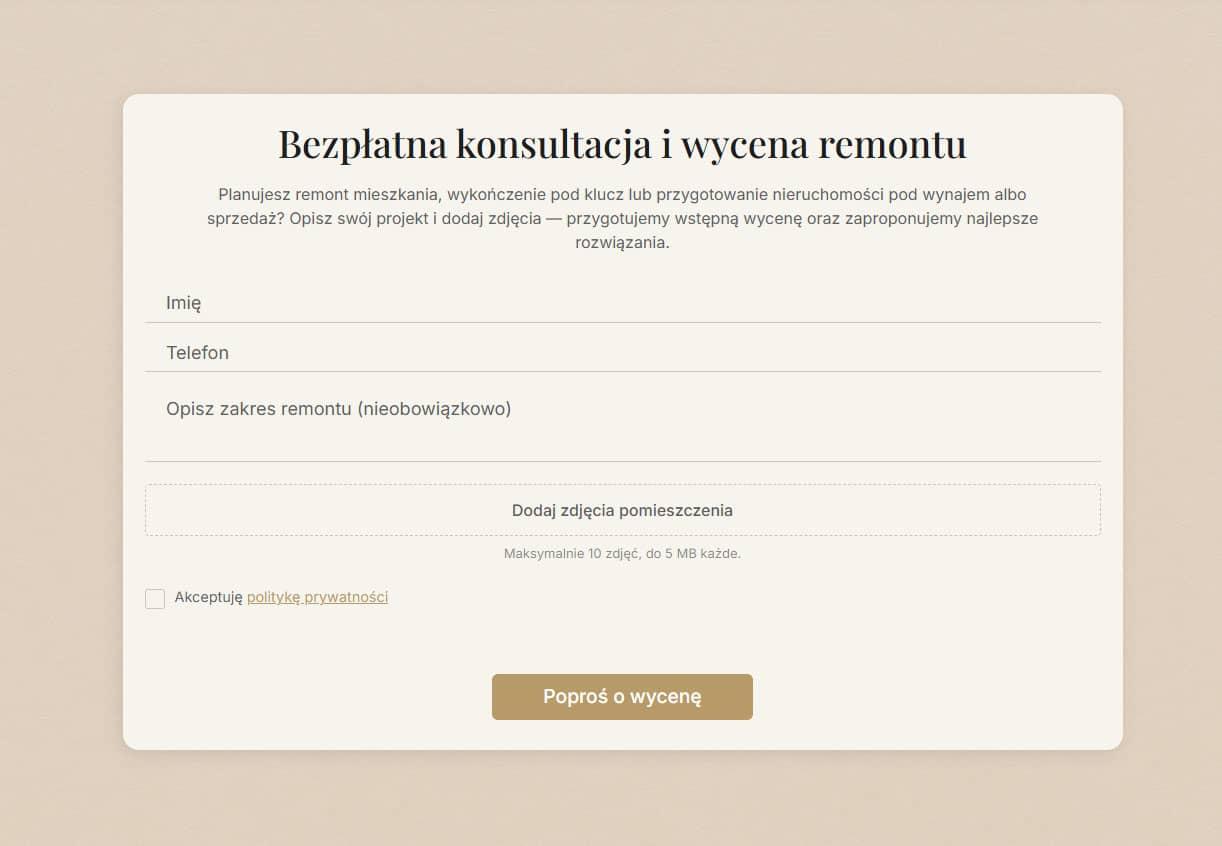 The lead form asking for name and phone as the only required fields, with an optional description and an upload area accepting up to ten photographs of the space.
