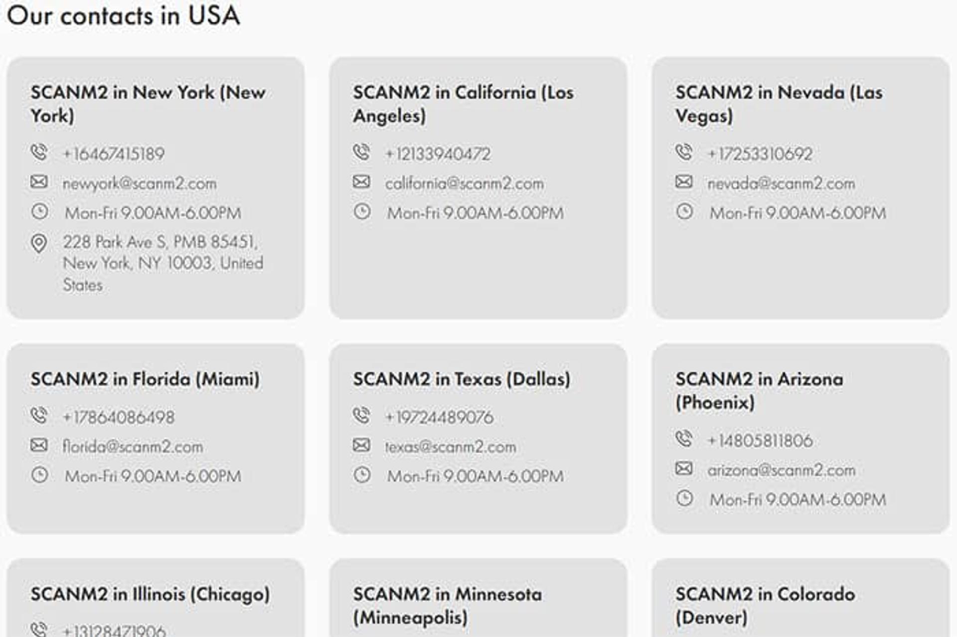 Custom contact layout listing all ScanM2 offices. Improves user trust and local relevance for regional SEO.