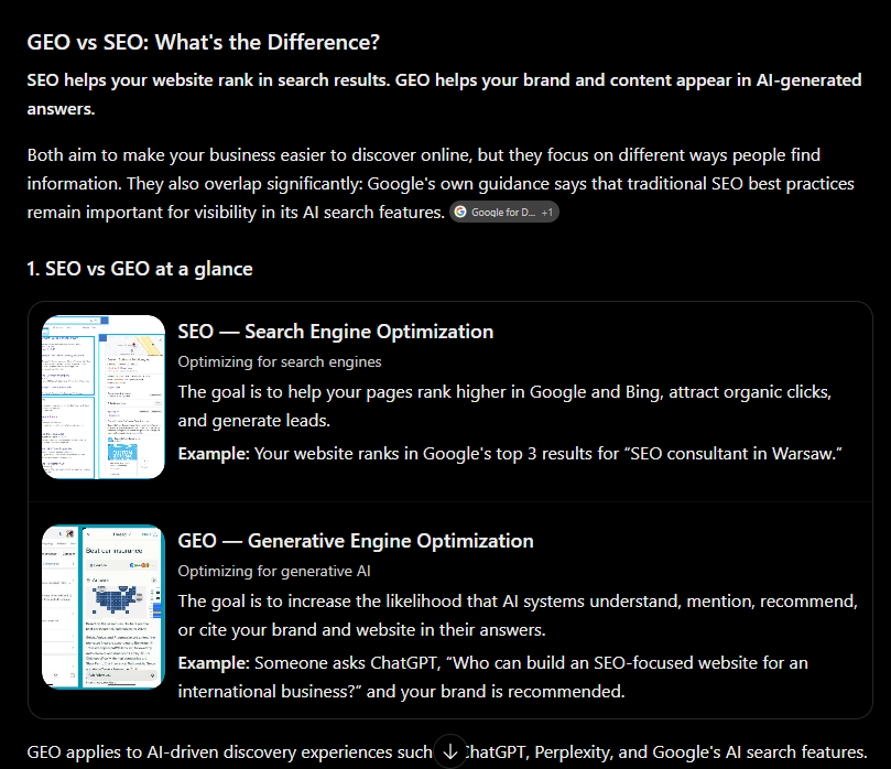 Odpowiedź ChatGPT z wyszukiwaniem: cytuje dokumentację Google dla deweloperów i oryginalną pracę o GEO na arXiv, a przykład personalizuje frazą „SEO consultant in Warsaw” z pamięci konta