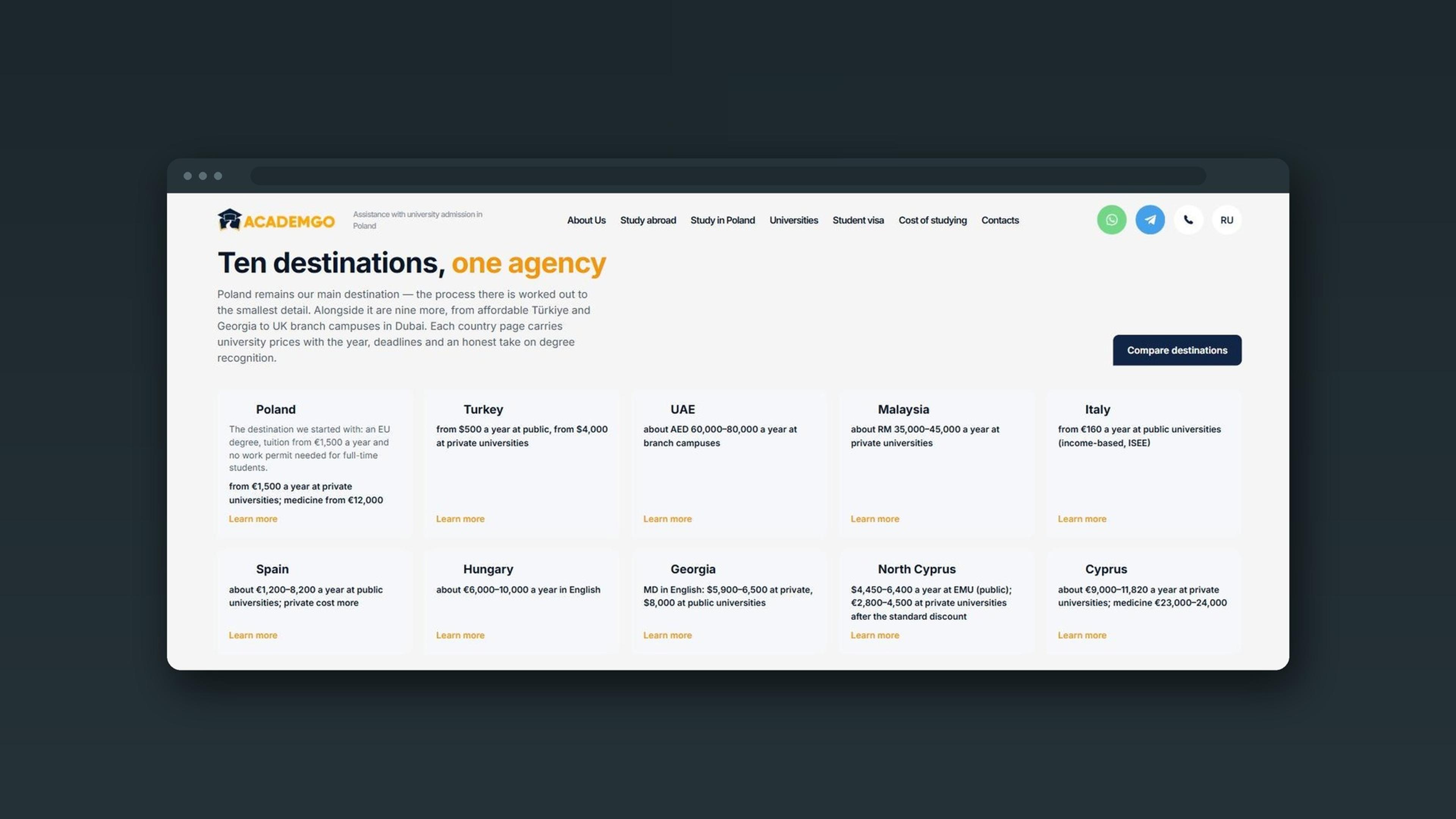 The agency home page in a browser frame: the block of ten study destinations with the tuition range for each