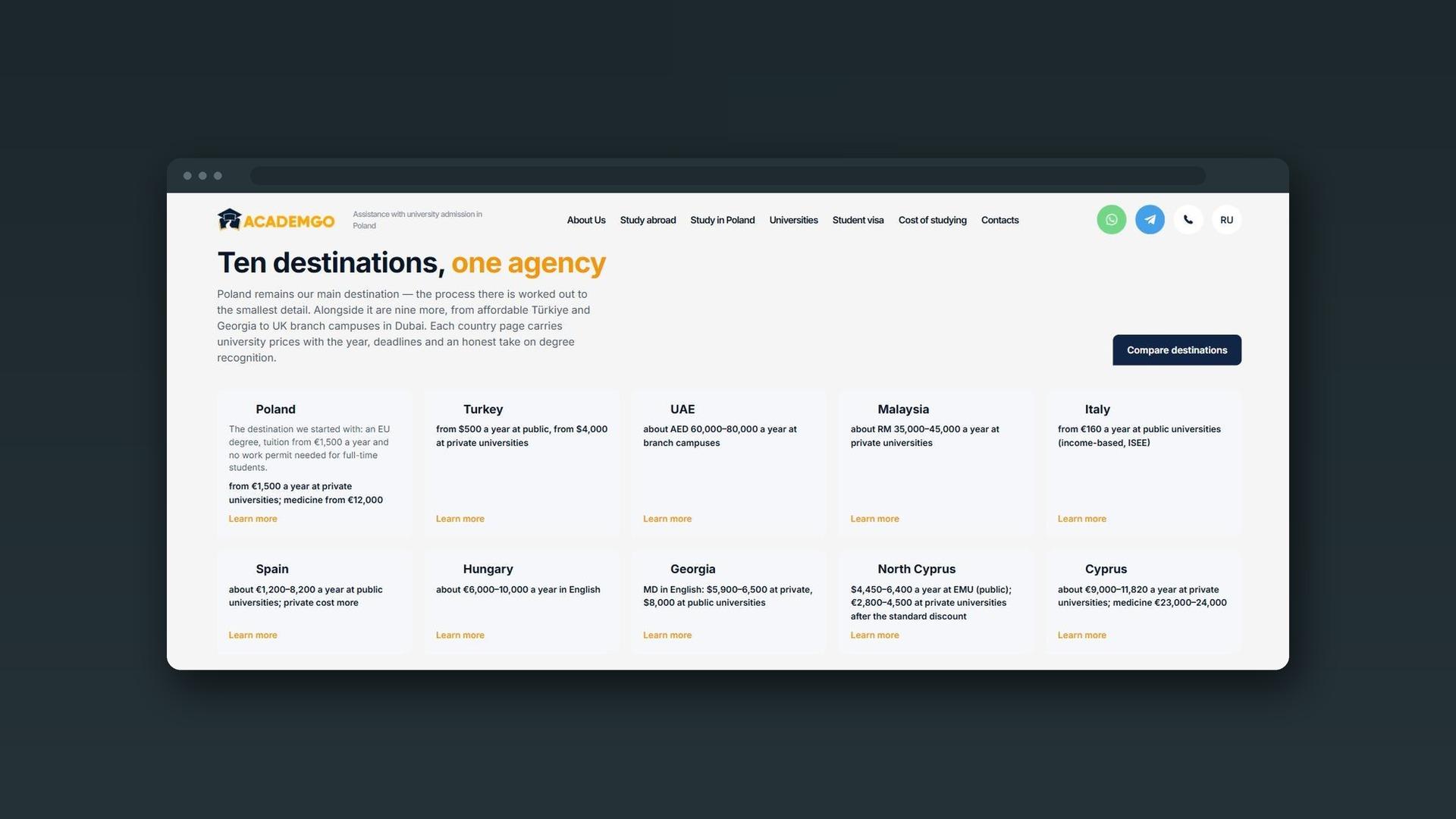 The agency home page in a browser frame: the block of ten study destinations with the tuition range for each