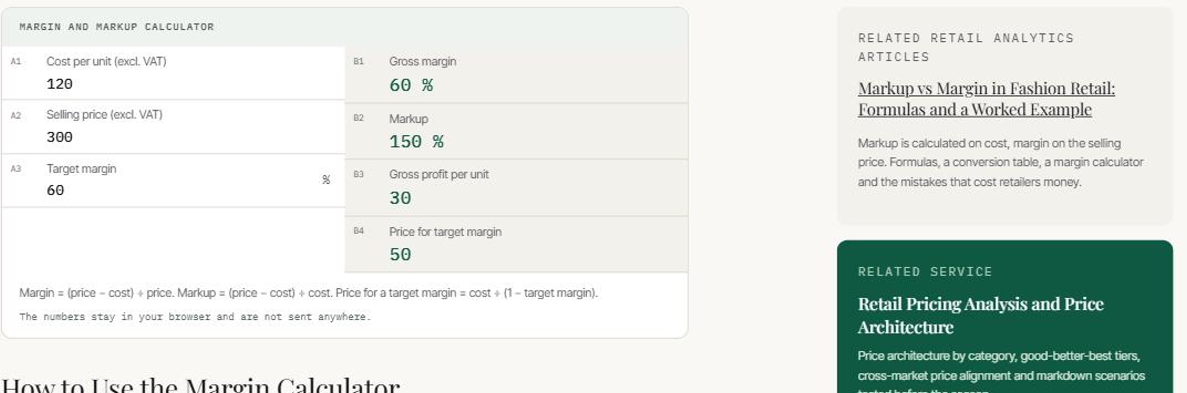 Margin calculator with filled-in fields, results and the formulas below