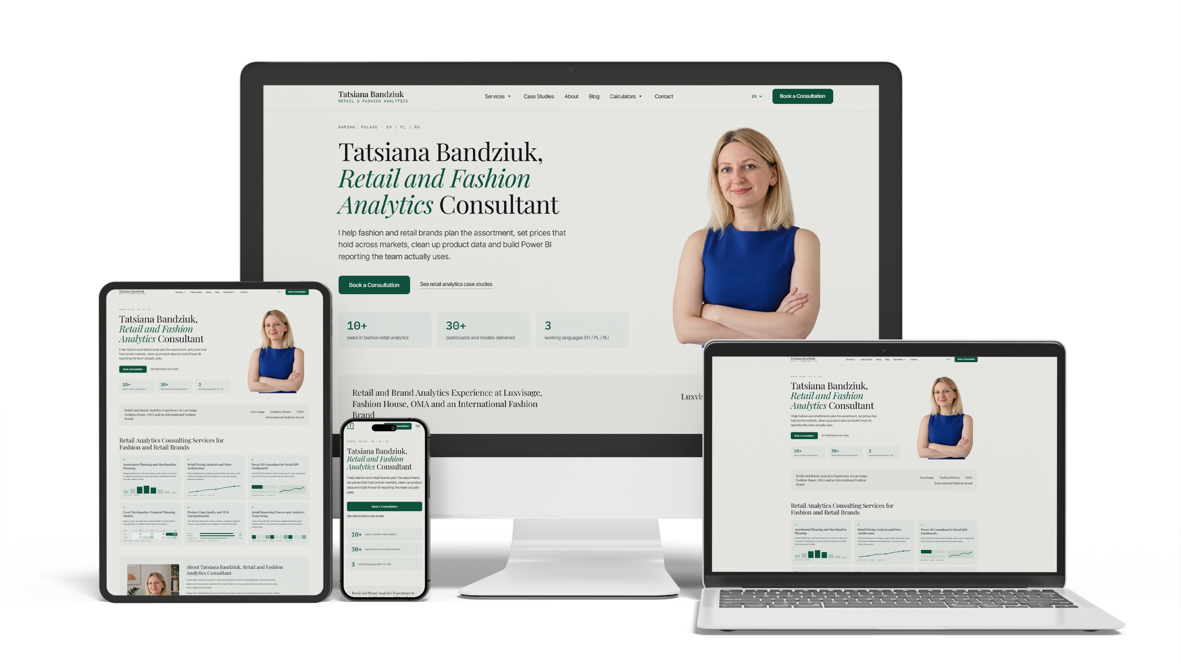 The tatsianabandziuk.com home page shown on a monitor, laptop, tablet and phone