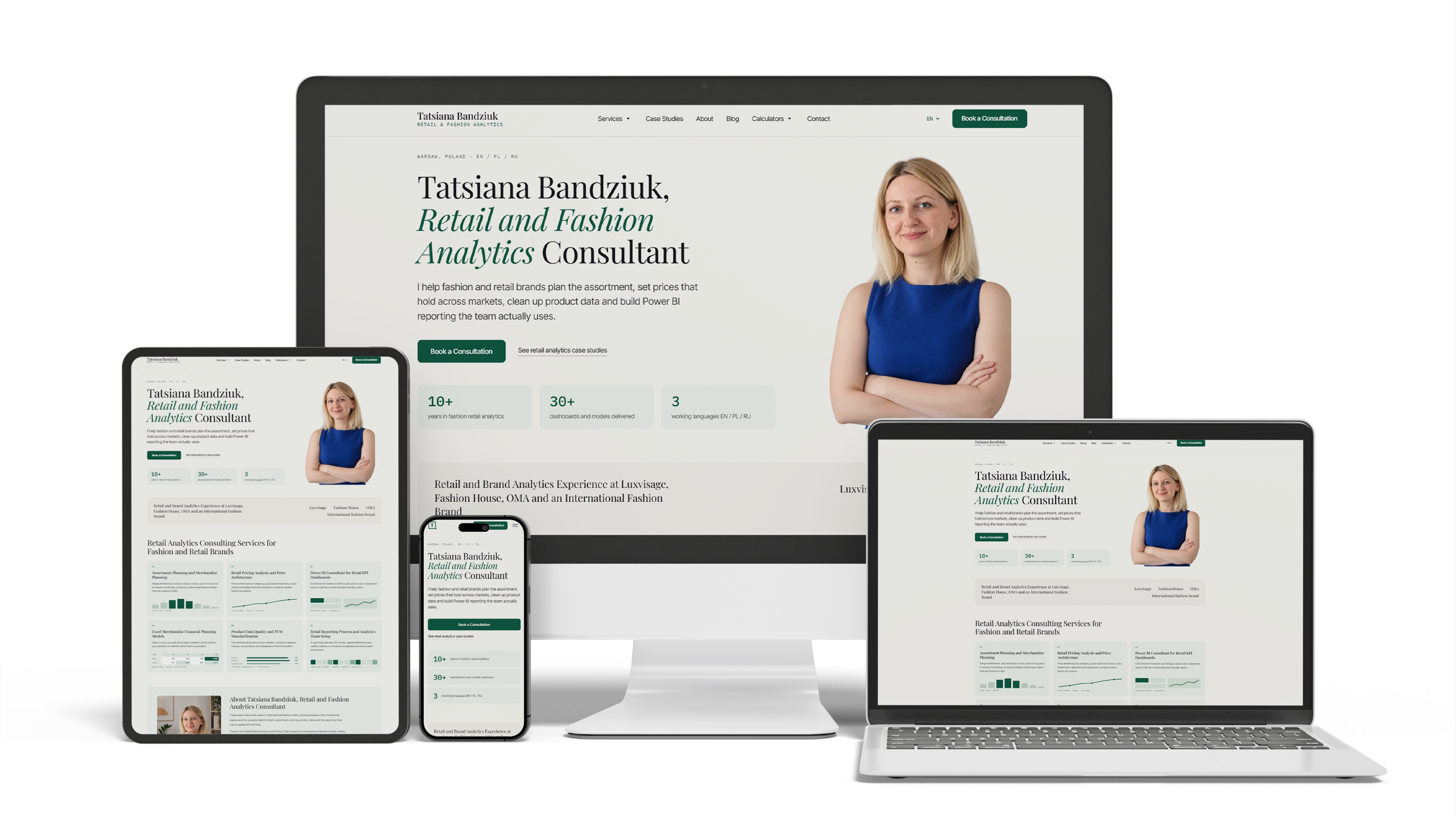The tatsianabandziuk.com home page shown on a monitor, laptop, tablet and phone
