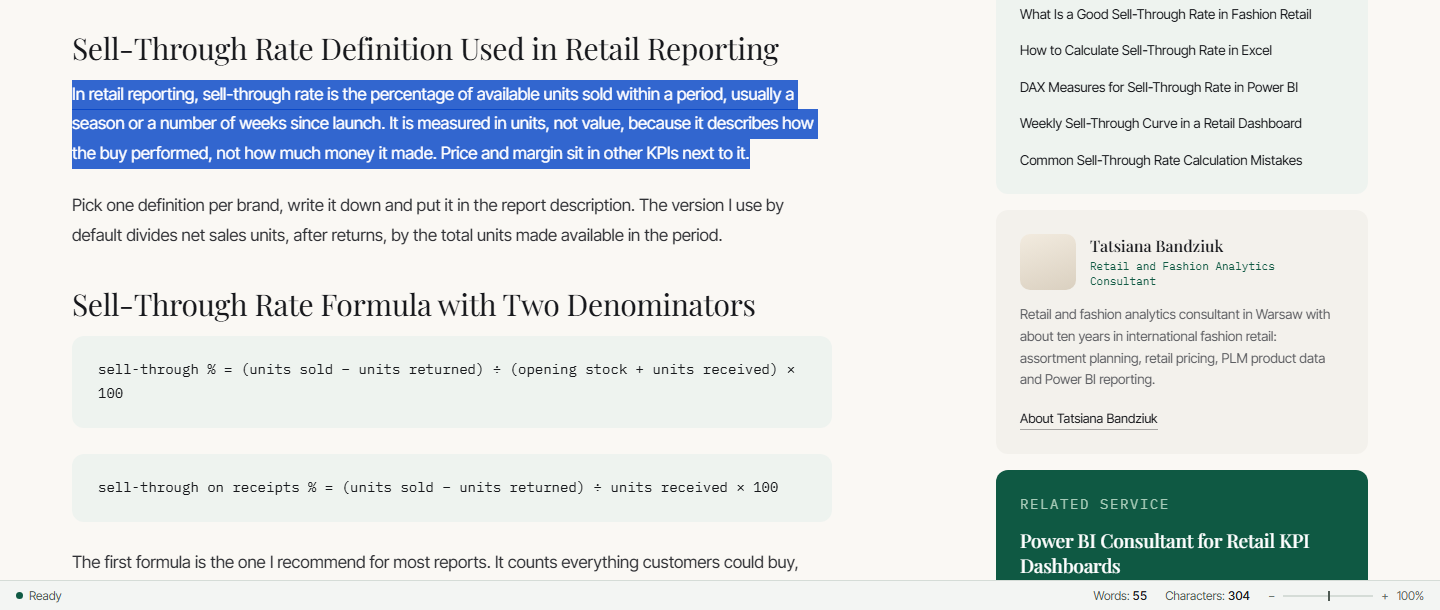Article with a selected paragraph and the status bar at the bottom showing the number of words and characters